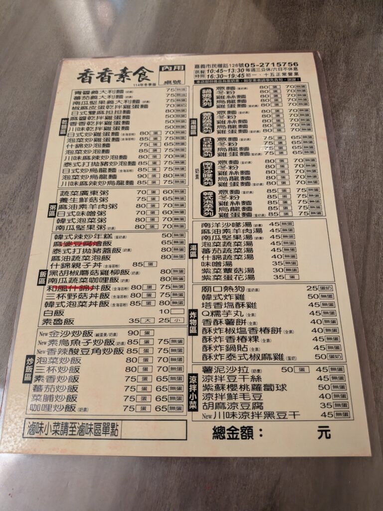 【嘉義東區美食】香香素食:驚艷味蕾的泰式打拋豬!時隔三年的回訪驚喜,酸辣平衡的層次饗宴 香香素食的菜單