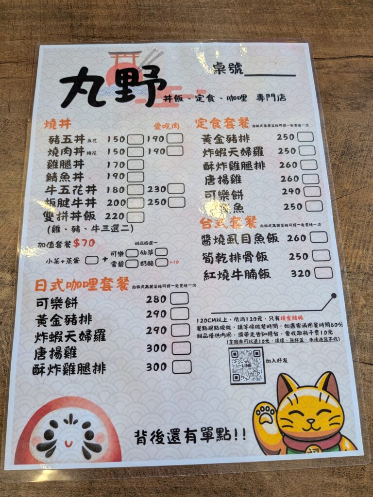 丸野丼咖喱定食專門店菜單