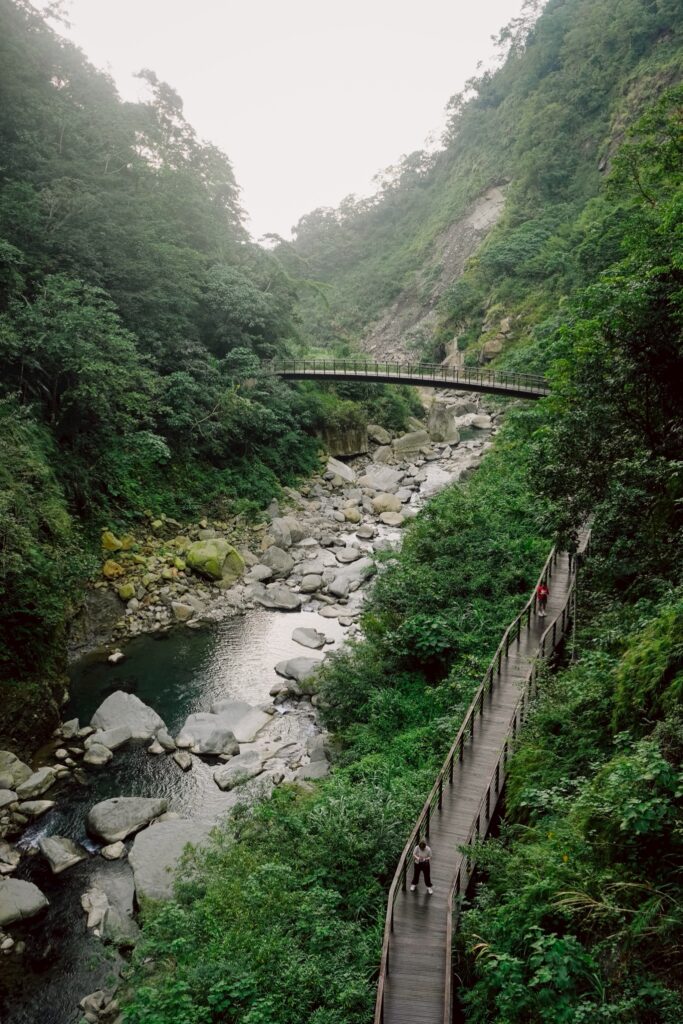 觀音瀑布的山谷木棧道全景