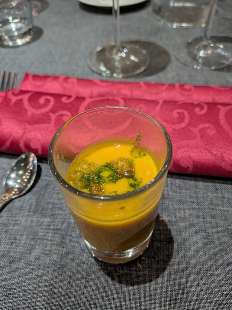 Hotel Restaurant Les Pins的前菜南瓜湯